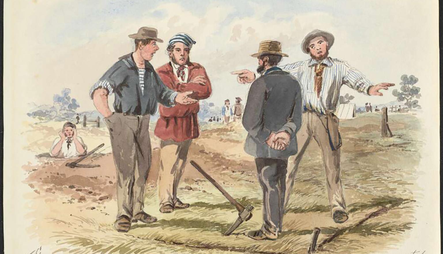 4 men on a field having a heated discussion. one man has his arms folded, one is pointing a finger at another who has his arm extended in explanation and the fourth man has his hands behind his back listening. There is a fifth man in the background in a hole watching the conversation intently. 