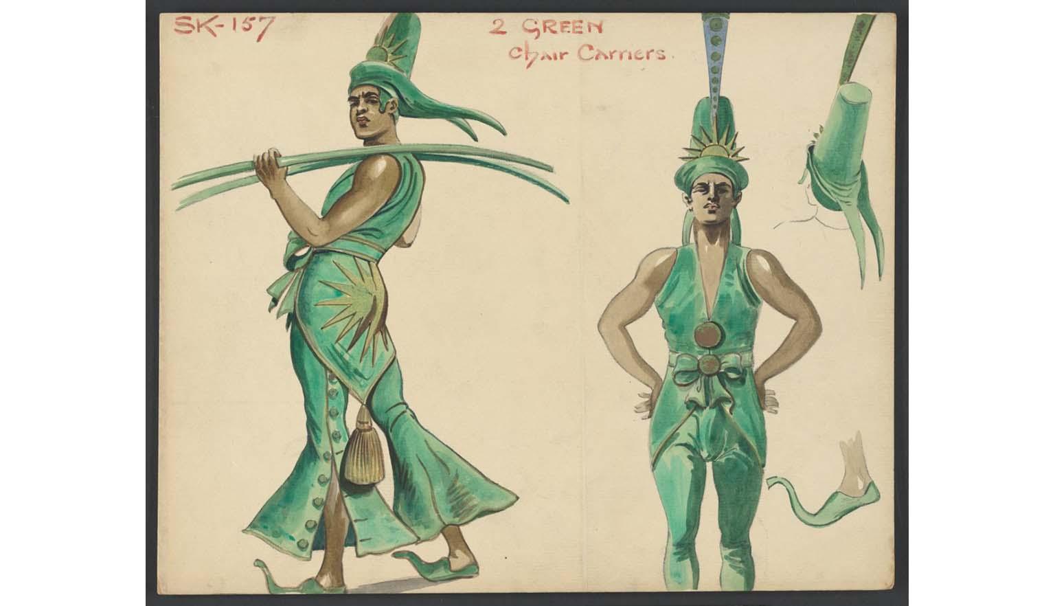 A watercolour sketch of a costume being modelled from different angles. The costume is green and flowing. There are green pointed shoes and a tall cone shaped hat. The person modelling the costume is also carrying green sticks or swords.