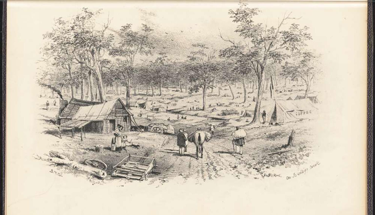 The lithograph depicts a lively scene of a gold mining settlement in the Australian bush. Roughly constructed huts and tents are scattered among the trees, with people engaged in daily tasks, miners digging for gold, and a small cart and horse on a dirt track. The activity and detail capture the essence of life during the gold rush era, showcasing the rugged and resourceful spirit of those seeking their fortunes.