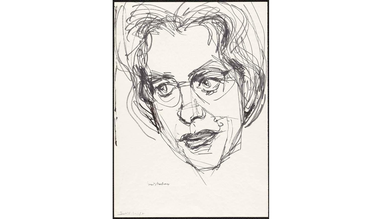 A black and white rough sketch portrait of a middle aged woman wearing fine rimmed glasses with short hair parted in the middle.