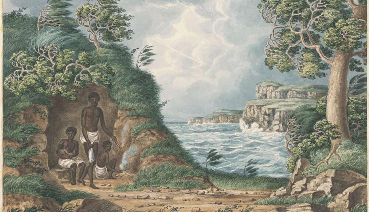 Family of aboriginal people sitting by a bay surrounded by trees.