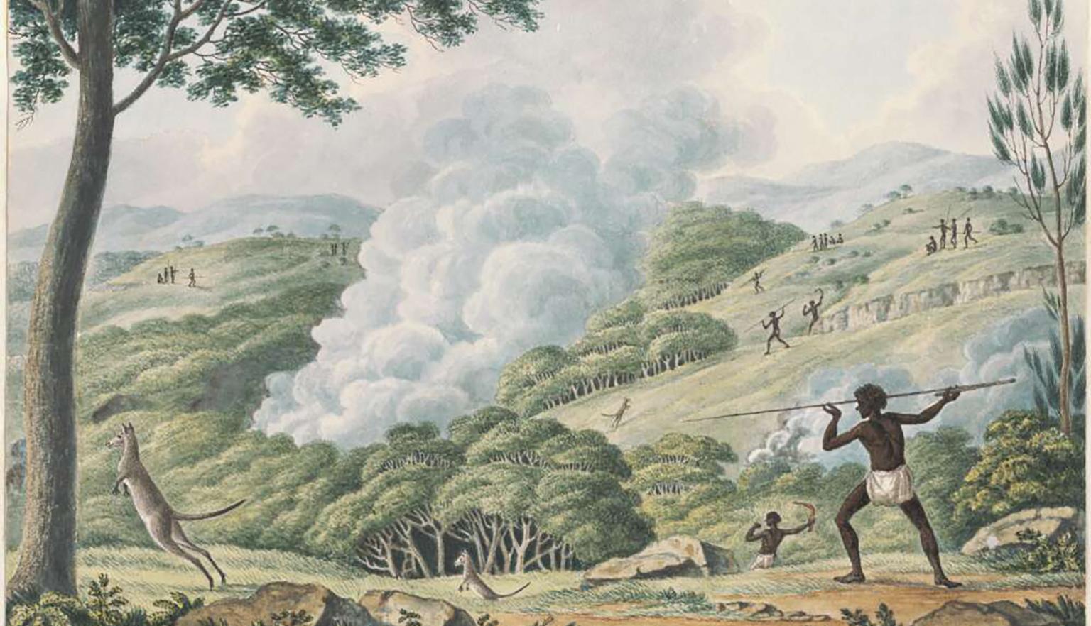 Aboriginal people using fire, boomerangs and spears to hunt kangaroos on a hillside