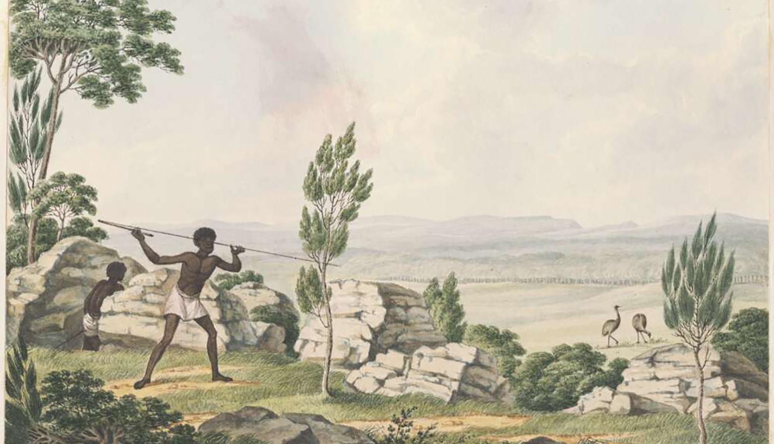 Two Aboriginal people hunting emus in a plane