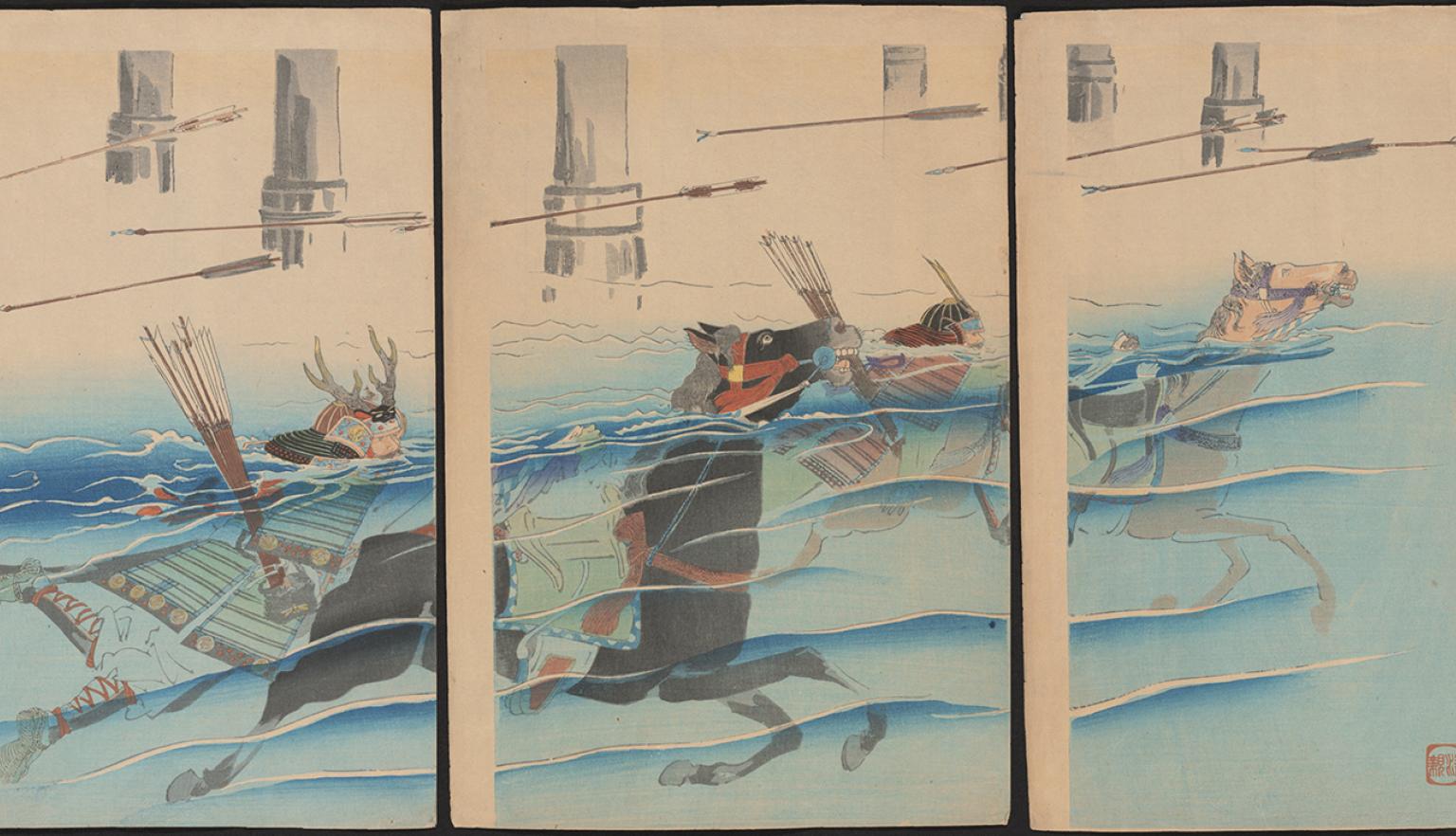 The print depicts two warriors in armor, advancing in the water on horses, during a battle