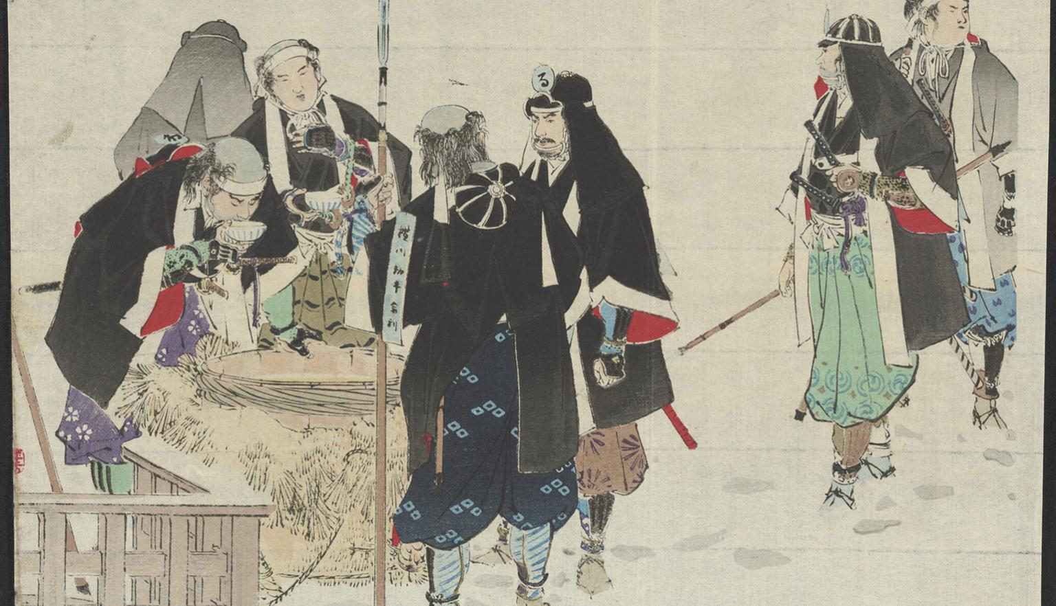 Japanese print of men gathered around a large cauldron