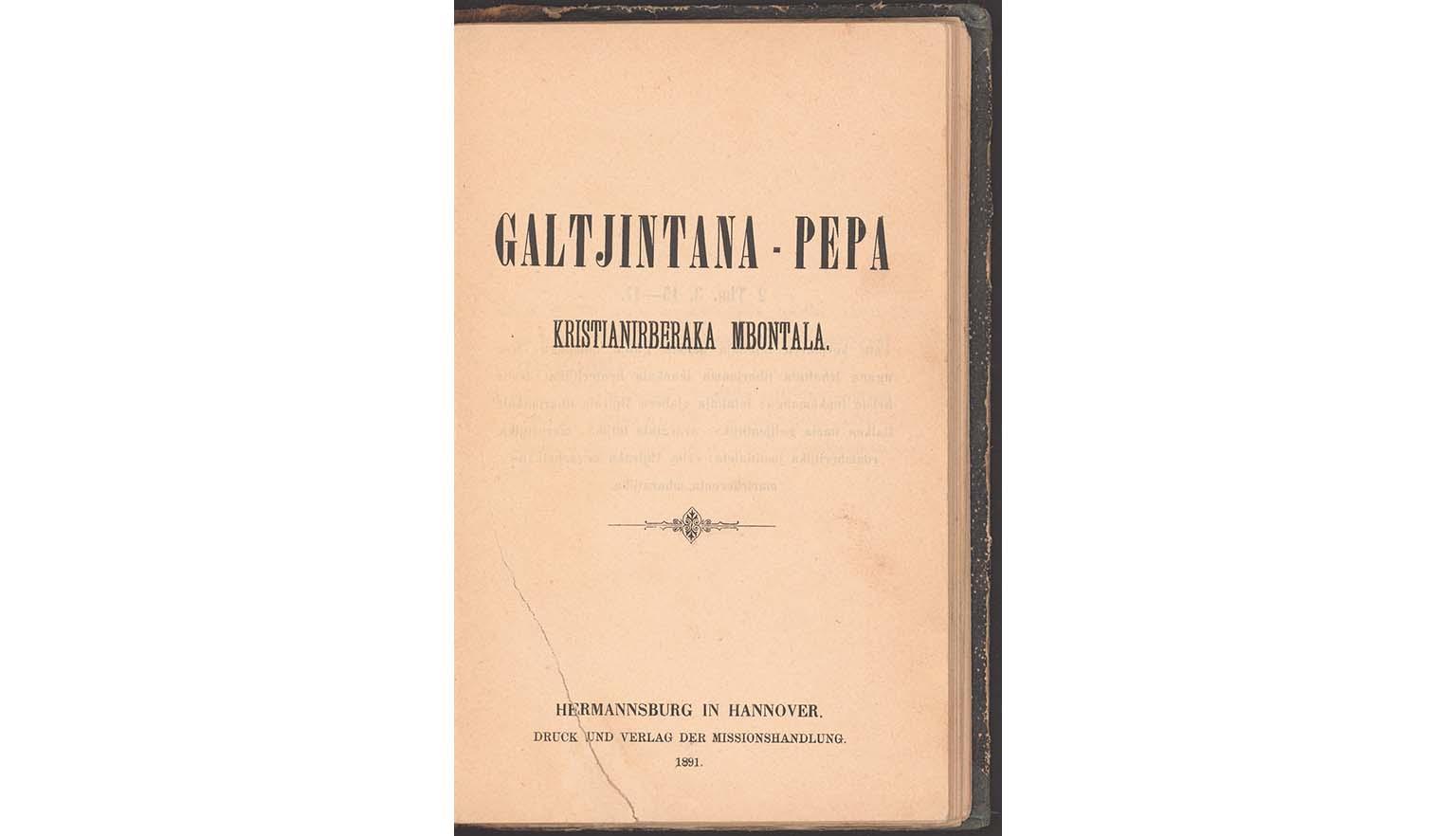 Detail of the title page of an old book reading 'Galtjintana-Pepa Kristianirberaka Mbontala'