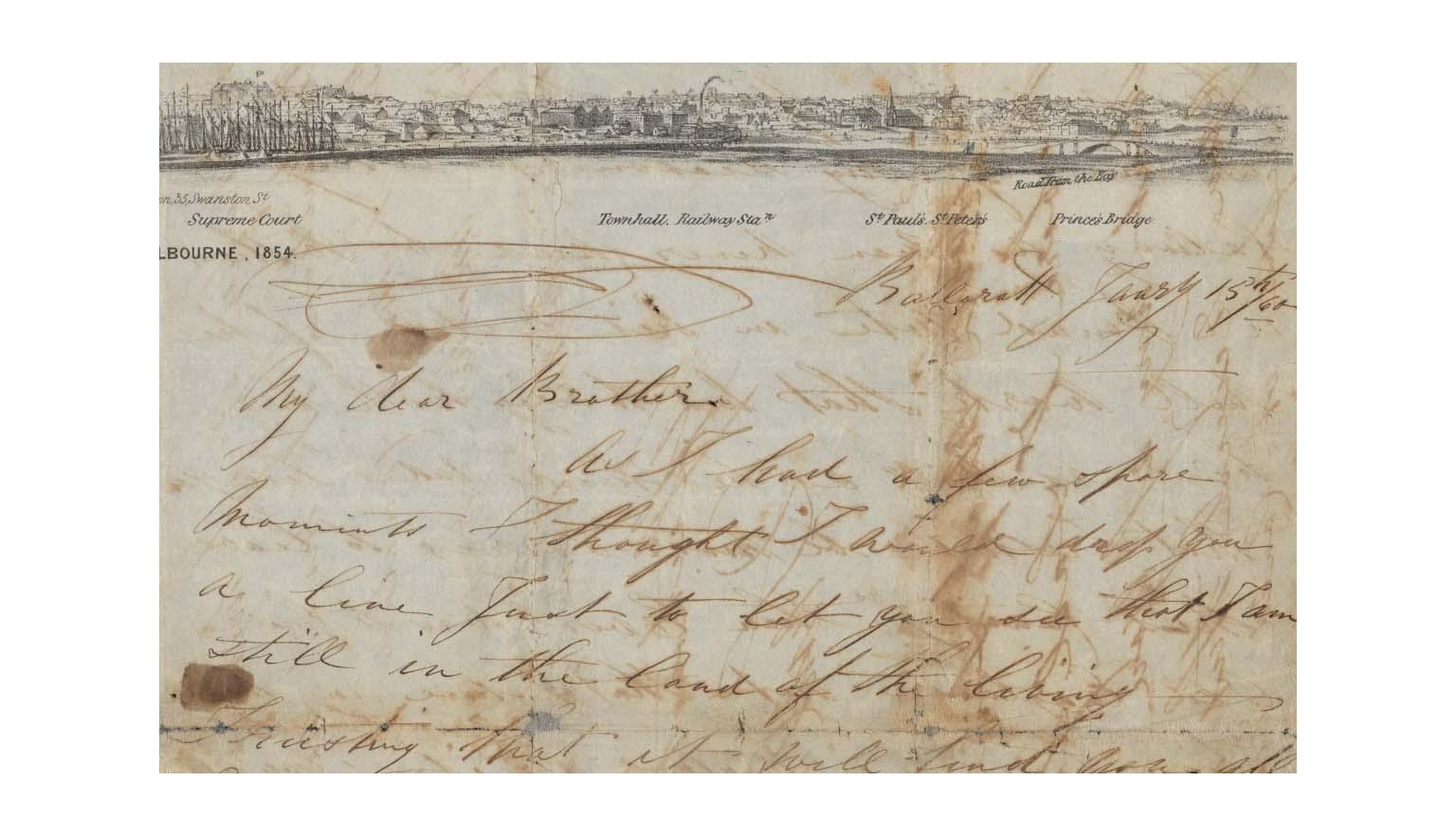 Detail of old handwritten letter that starts with 'My Dear Brother'. At the top of the page is a panoramic-illustration of a city labelled 'Melbourne 1854'
