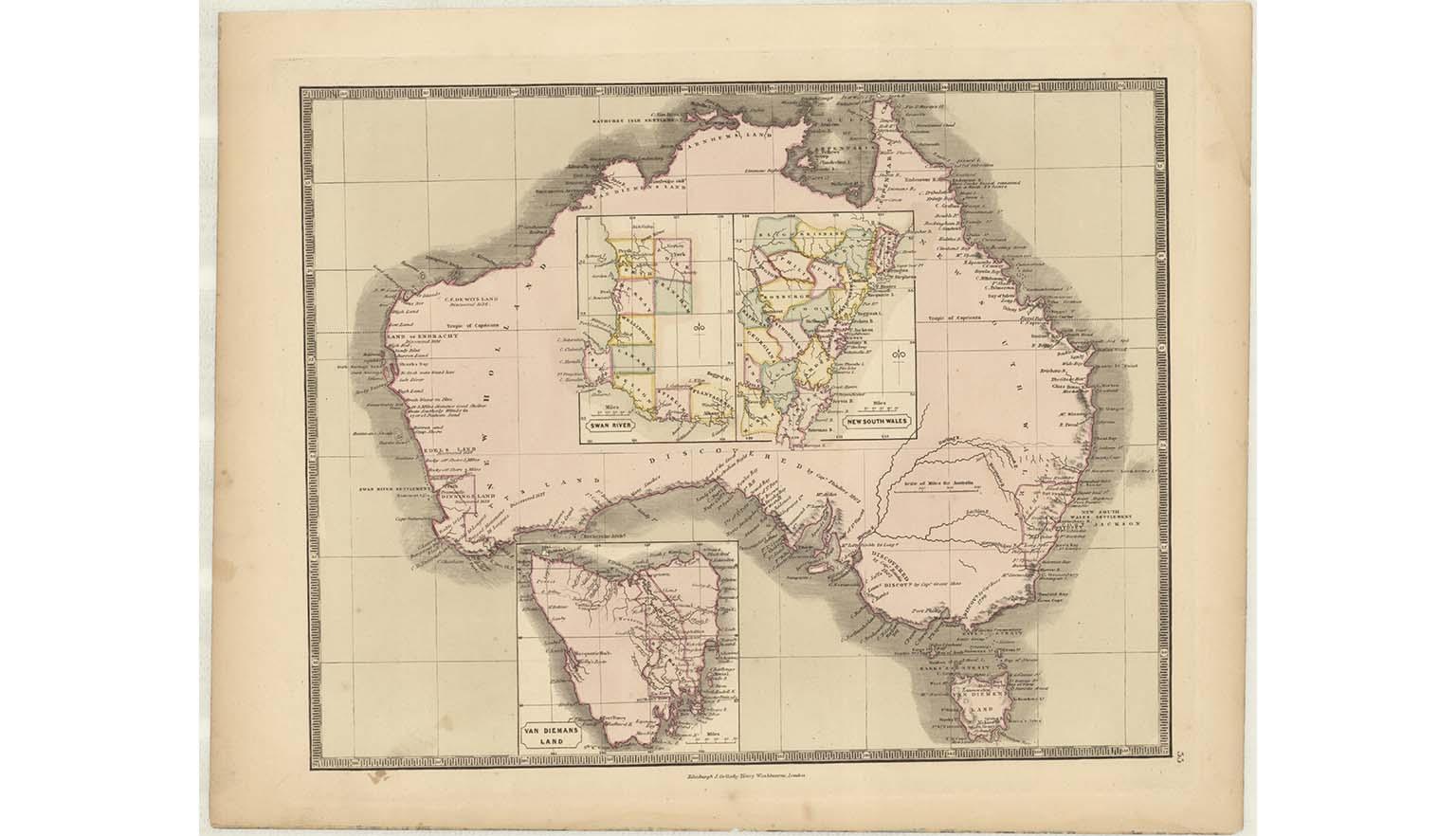 Map of Australia with detail regarding British settlements in New South Wales and bays around the coast