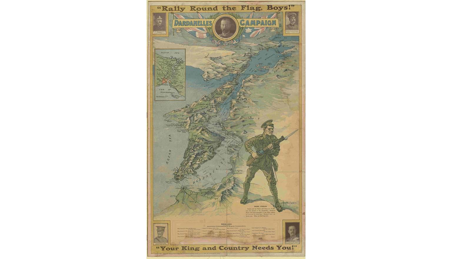 Map of the Dardanelles Strait, Turkey, used as a World War I recruiting poster. Relief shown pictorially.
