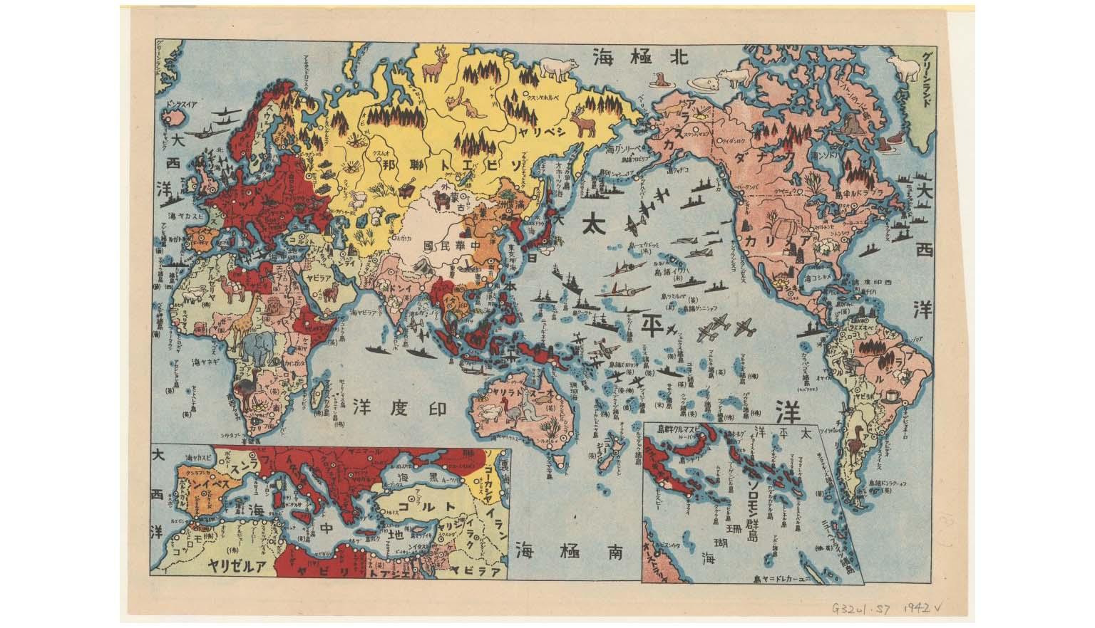Map of the world during World War II showing Japanese and German influence and occupation, international boundaries, transportation, oil fields etc. Scattered around the map are depictions of war technology including battleships, aircraft and artillery.  Some countries have depictions of animals or 'things' relevant to the country eg. in the middle of Australia is a kangaroo, emu, a platypus and sheep. Inset at bottom left and right are close ups of the Mediterranean and Solomon Islands respectively.
