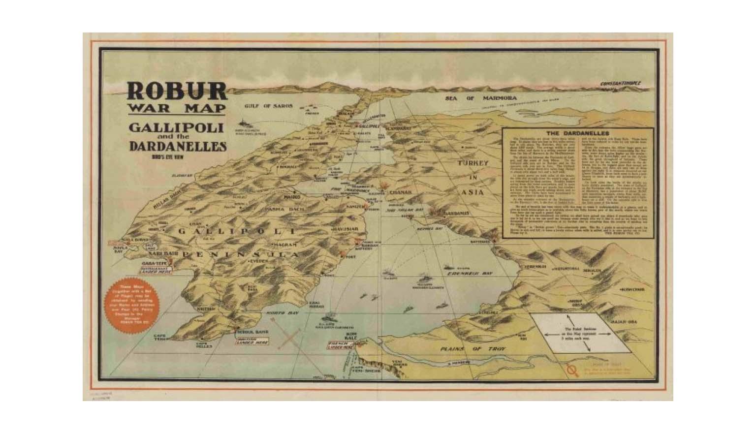 Shows British and Allied landings on 25 April 1915 and later; the range of 12 and 15 inch naval guns depicted. Relief shown by shading, and pictorially.