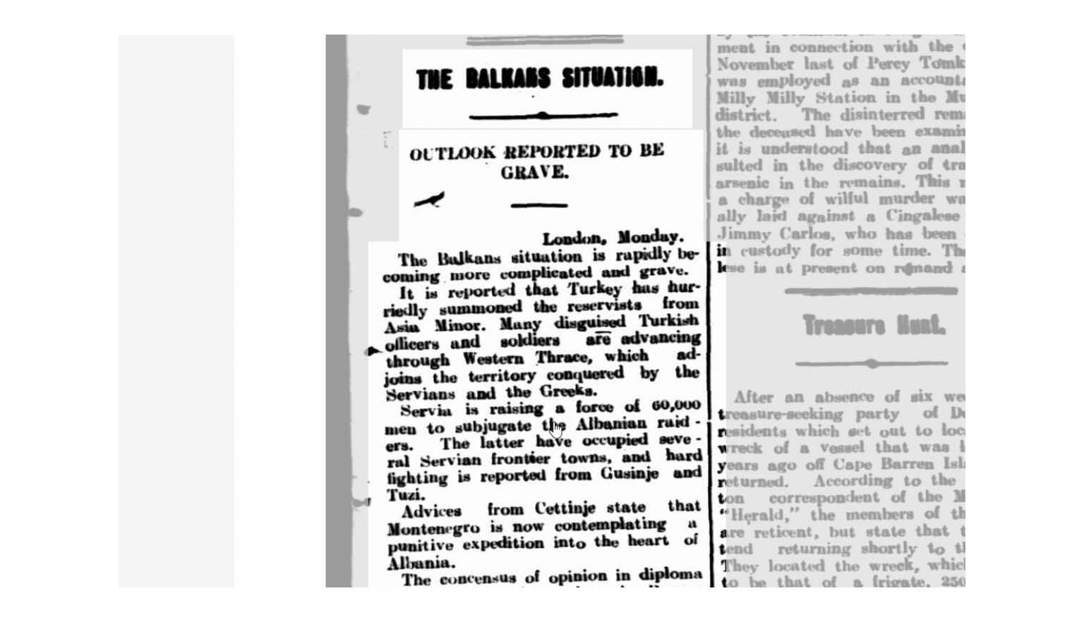 A newspaper clipping titled 'The Balkans situation, Outlook reported to be grave'.