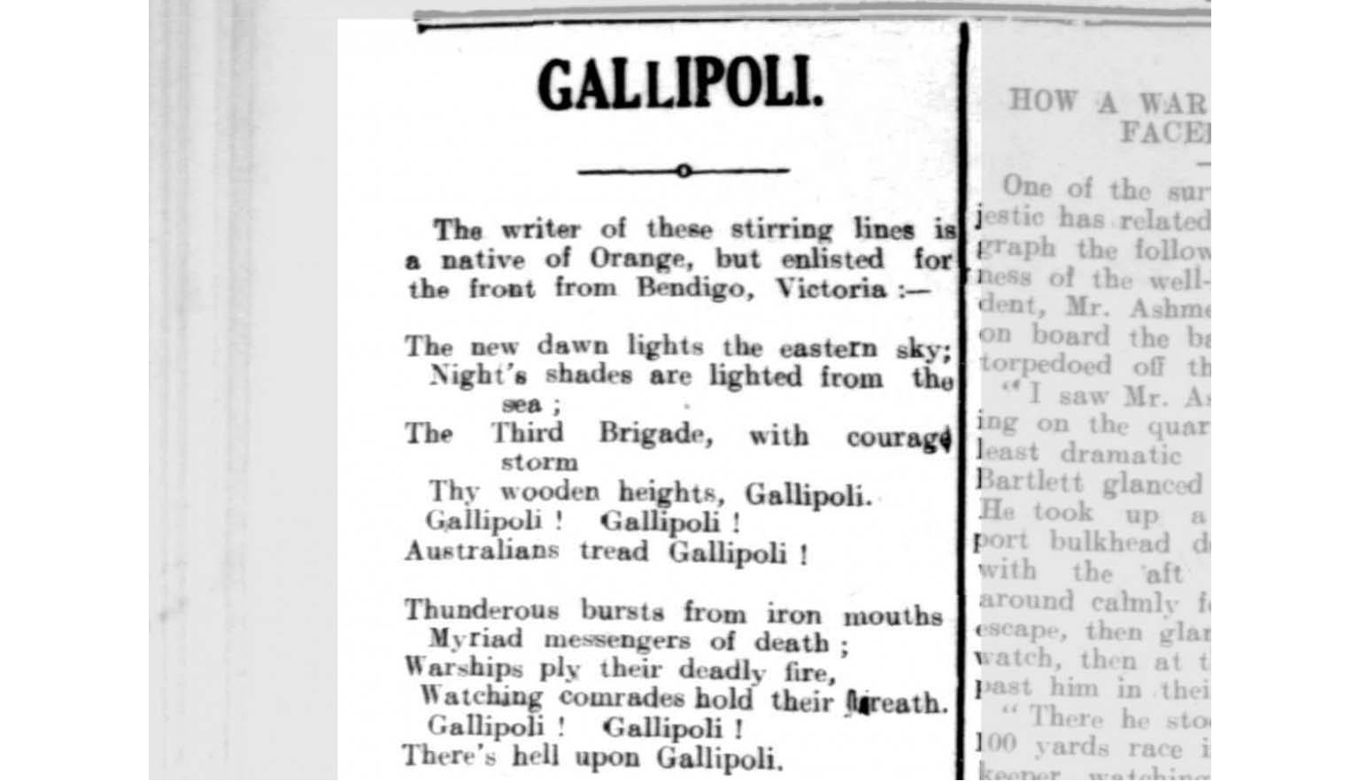 A newspaper clipping of a poem titled 'Gallipoli'.