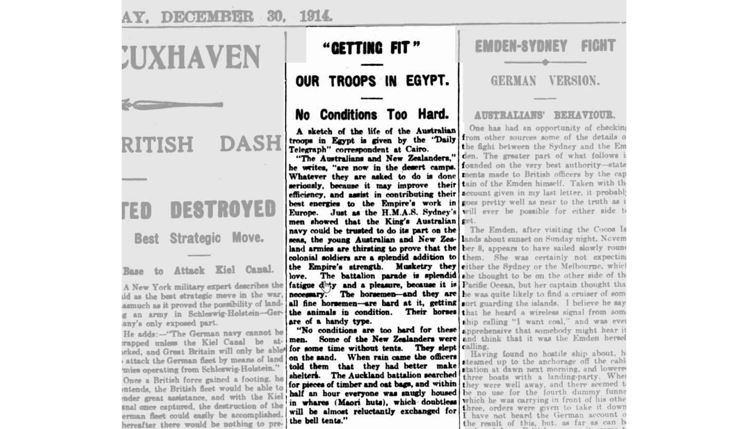 A newspaper clipping titled 'Getting fit, Our troops in Egypt.'