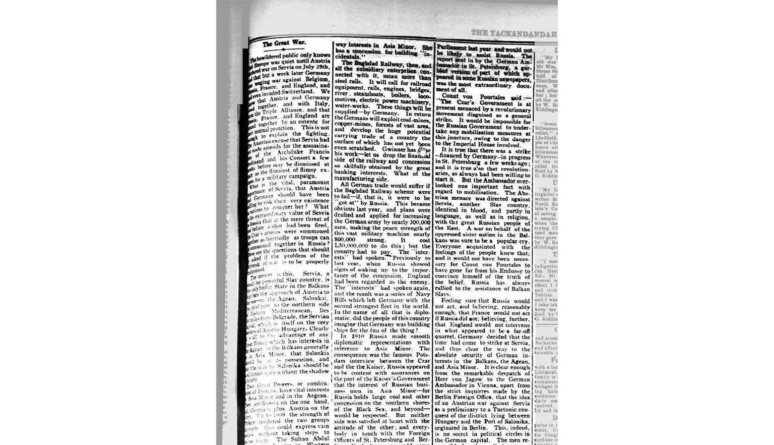 A clipping of a newspaper article titled 'The Great War'.