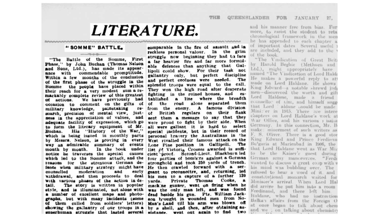 Newspaper article titled Literature