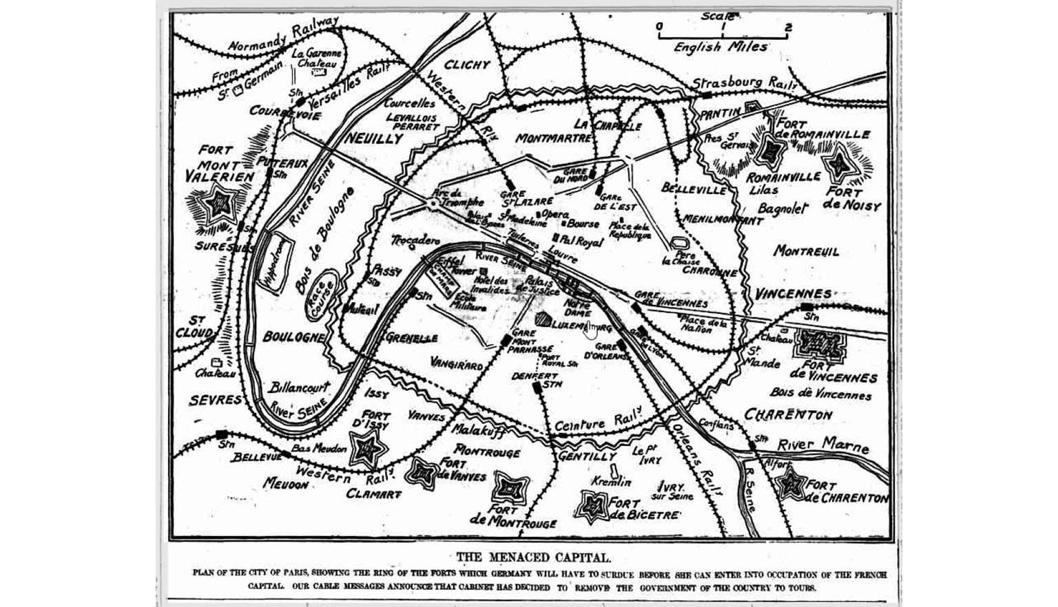 A map of Paris titled 'The menaced capital'.