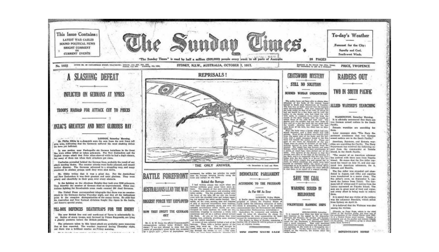 The Sunday Times front page, featuring a cartoon of a skeleton flying a glider