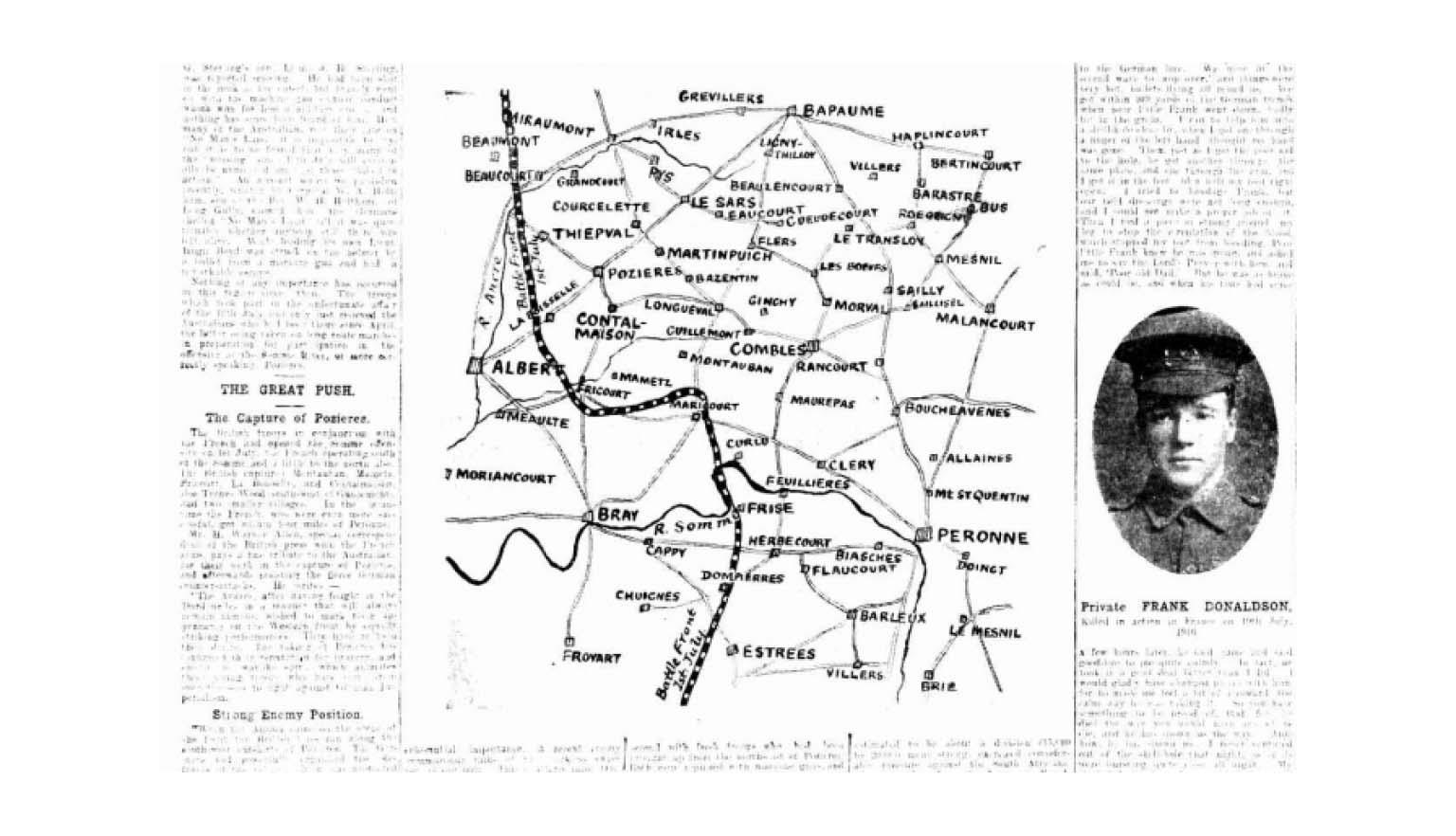 Newspaper print, map of the Somme battleground