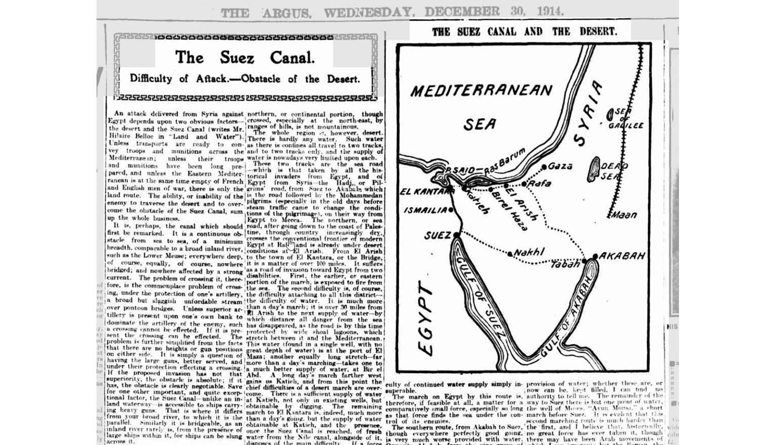 newspaper article featuring a map of the Suez Canal