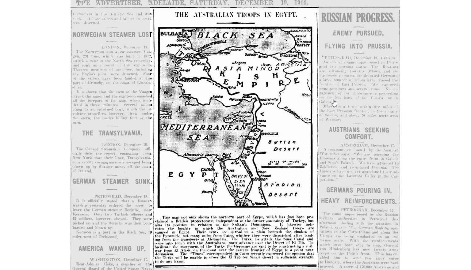A newspaper clipping titled 'The Australian troops in Egypt', with a map of the region.
