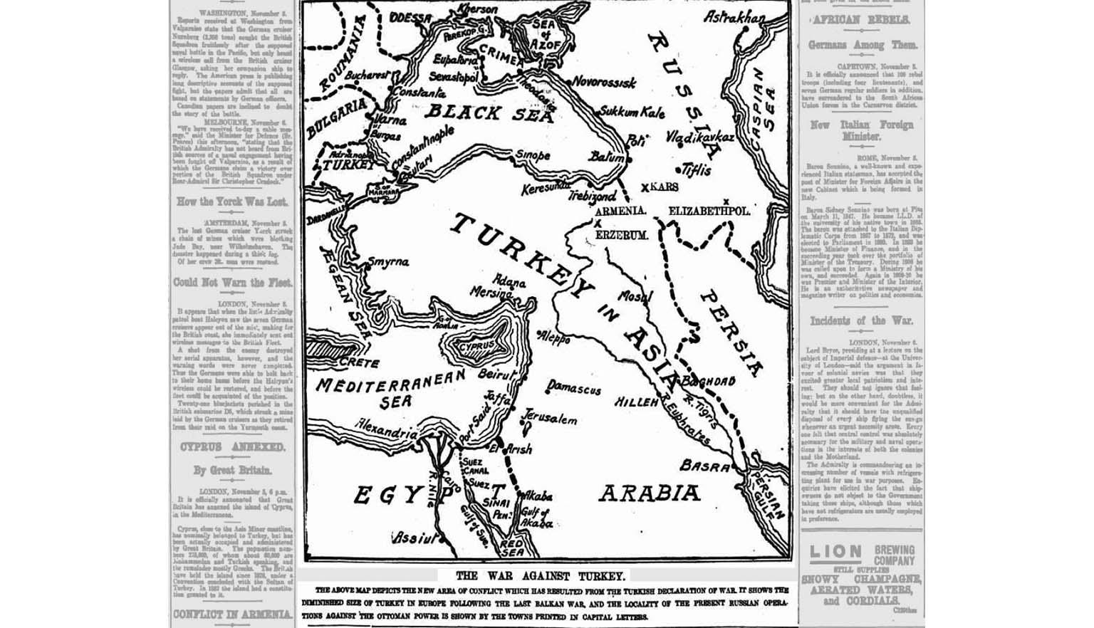 newspaper article, World War One, map featuring the War against Turkey