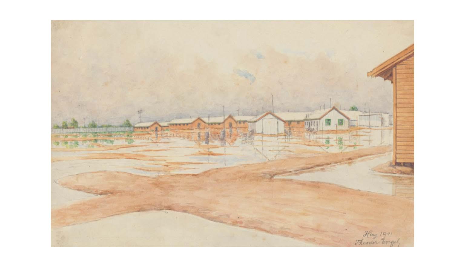 Watercolour of an internment camp with several small, one-storey buildings and lots of empty space