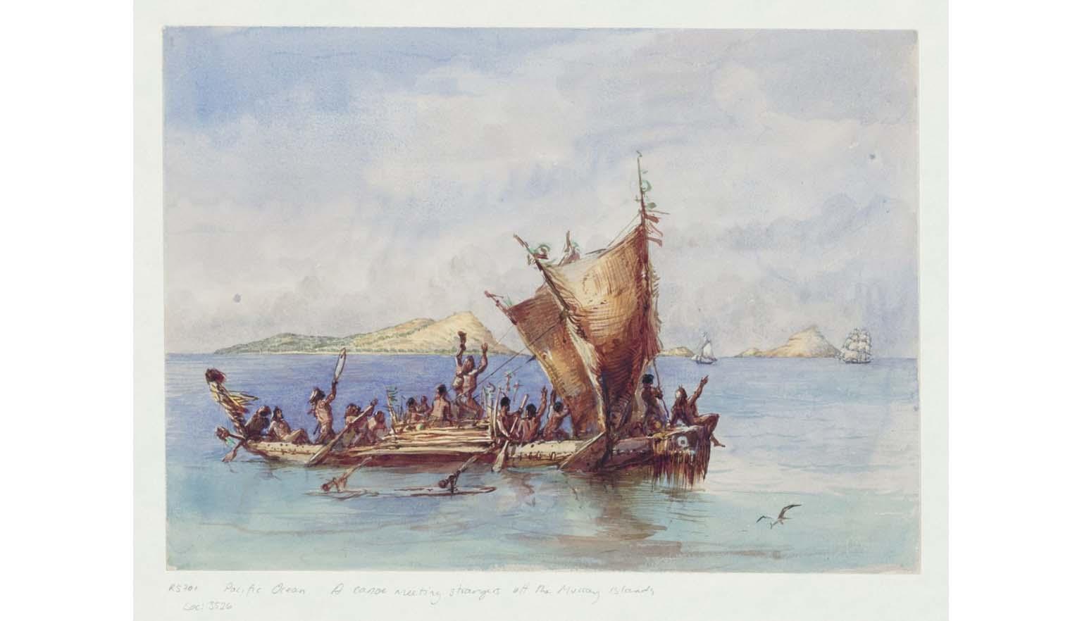 watercolour painting of a native canoe meeting strangers off the Murray Islands