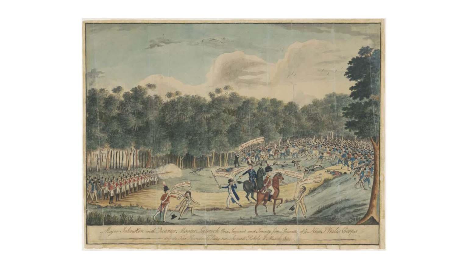 Watercolour of a clearing in a forest with military standing in rows on the left and a large fight between convicts and more military on the right