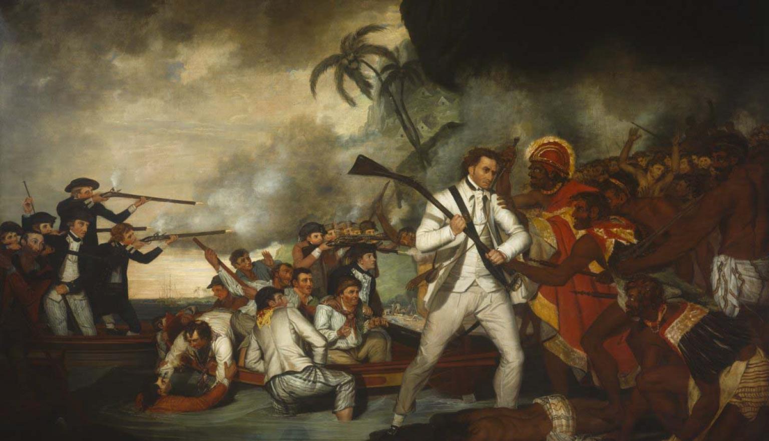A large oil painting showing a skirmish between two sides. There are sailors wielding guns and the inhabitants of the island on which the conflict is happening wielding clubs and spears
