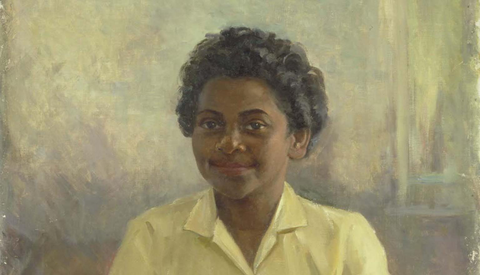painting of young indigenous woman in yellow shirt