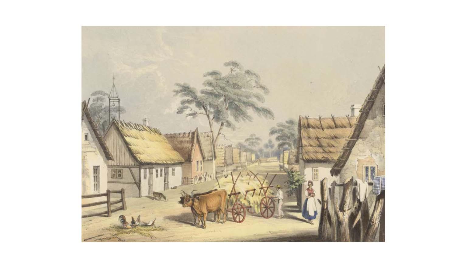 Street lined with small buildings, with a cows pulling a wagon of hay stopped at the end, with a man and woman standing nearby. Chickens and birds are eating seeds from the ground and there is a goat further down the street.