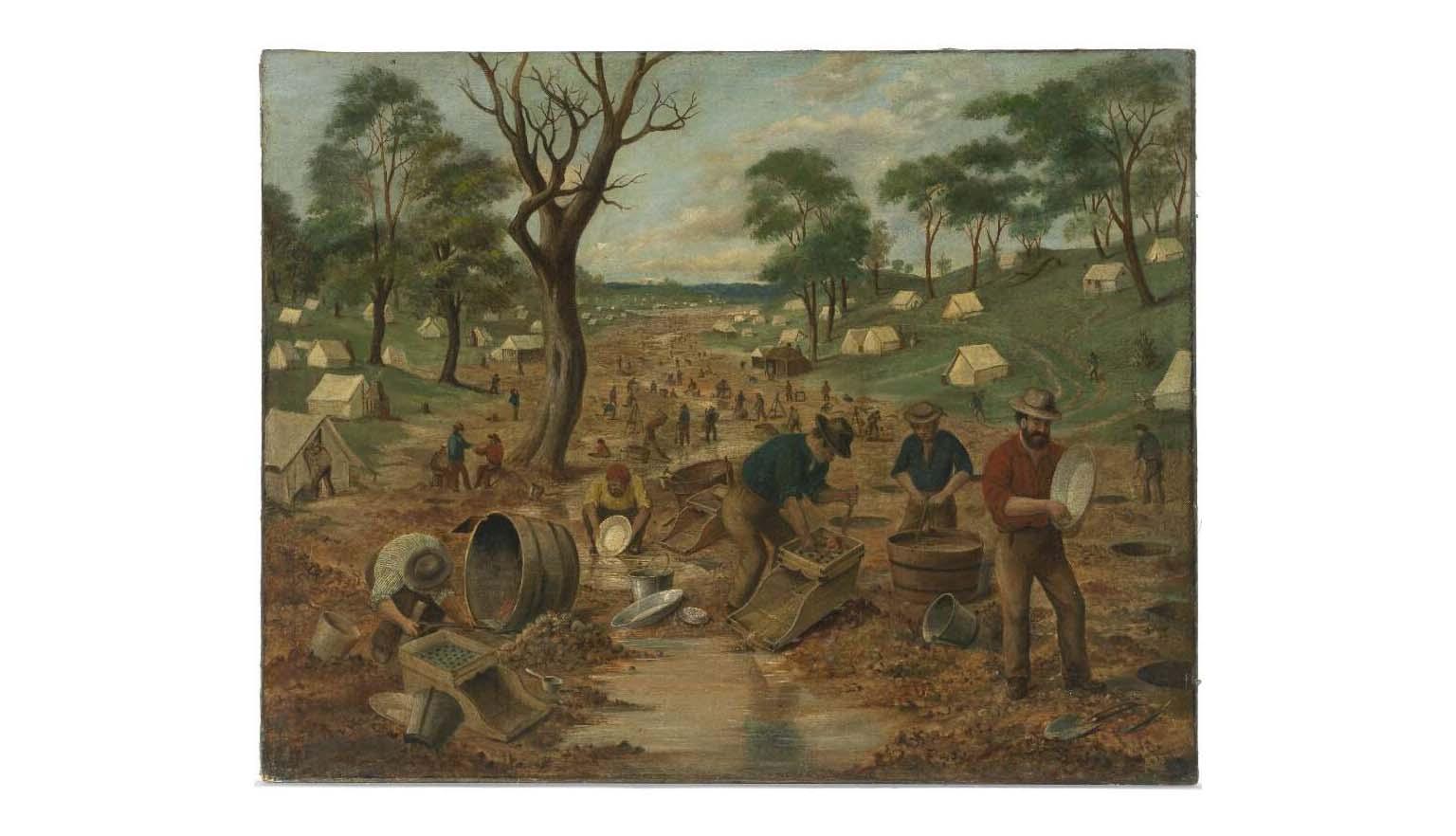 Painting of men using various tools to dig for gold. In the background, dozens of white tents are pitched on the grassy slopes on either side