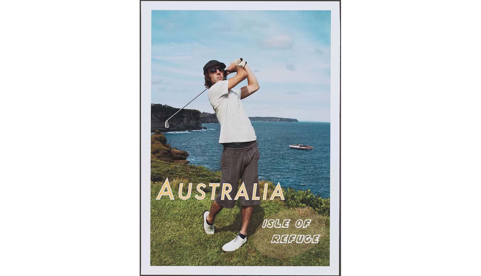 Man in a polo shirt, shorts, a hat and sunglasses playing golf near a cliff over the ocean