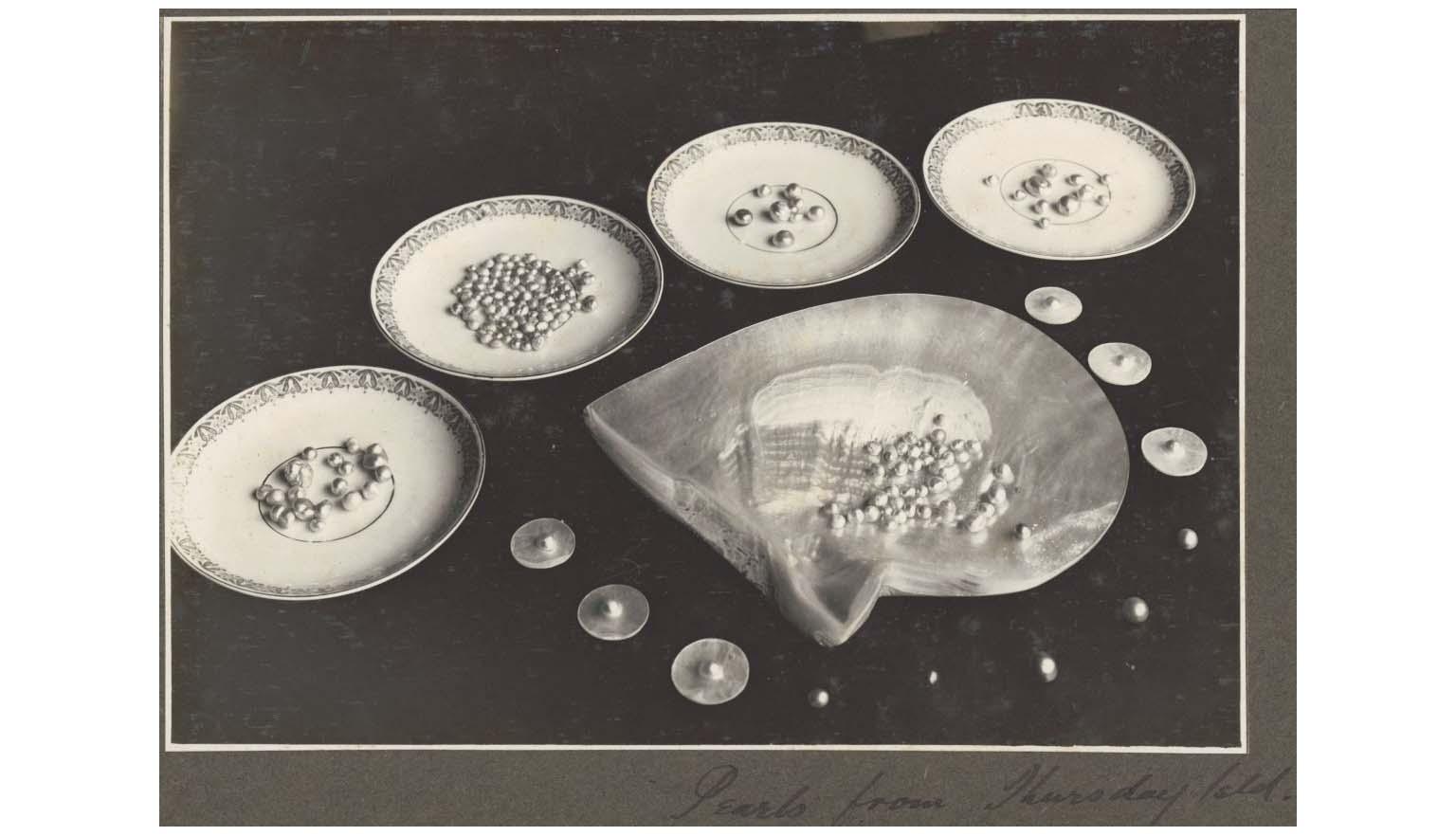 Pearls in cut oyster shells and bowls