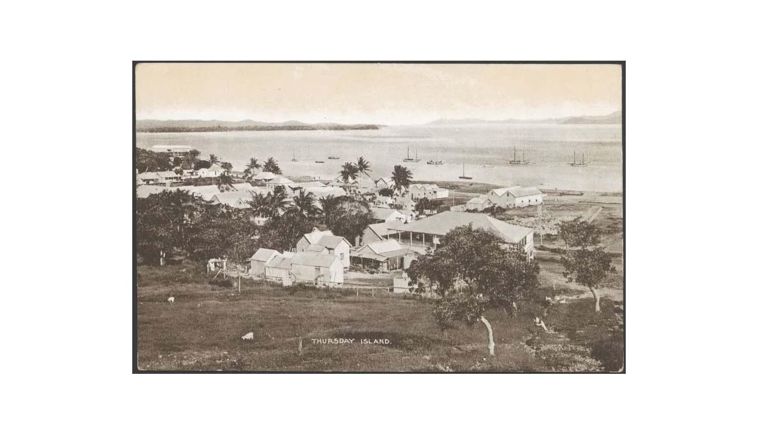 sepia photo taken on a hill showing houses in the foreground and boats on the water in the background