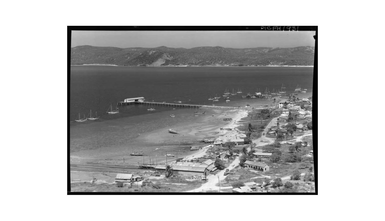 black and white aerial photo of the waterfront on Thursday Island