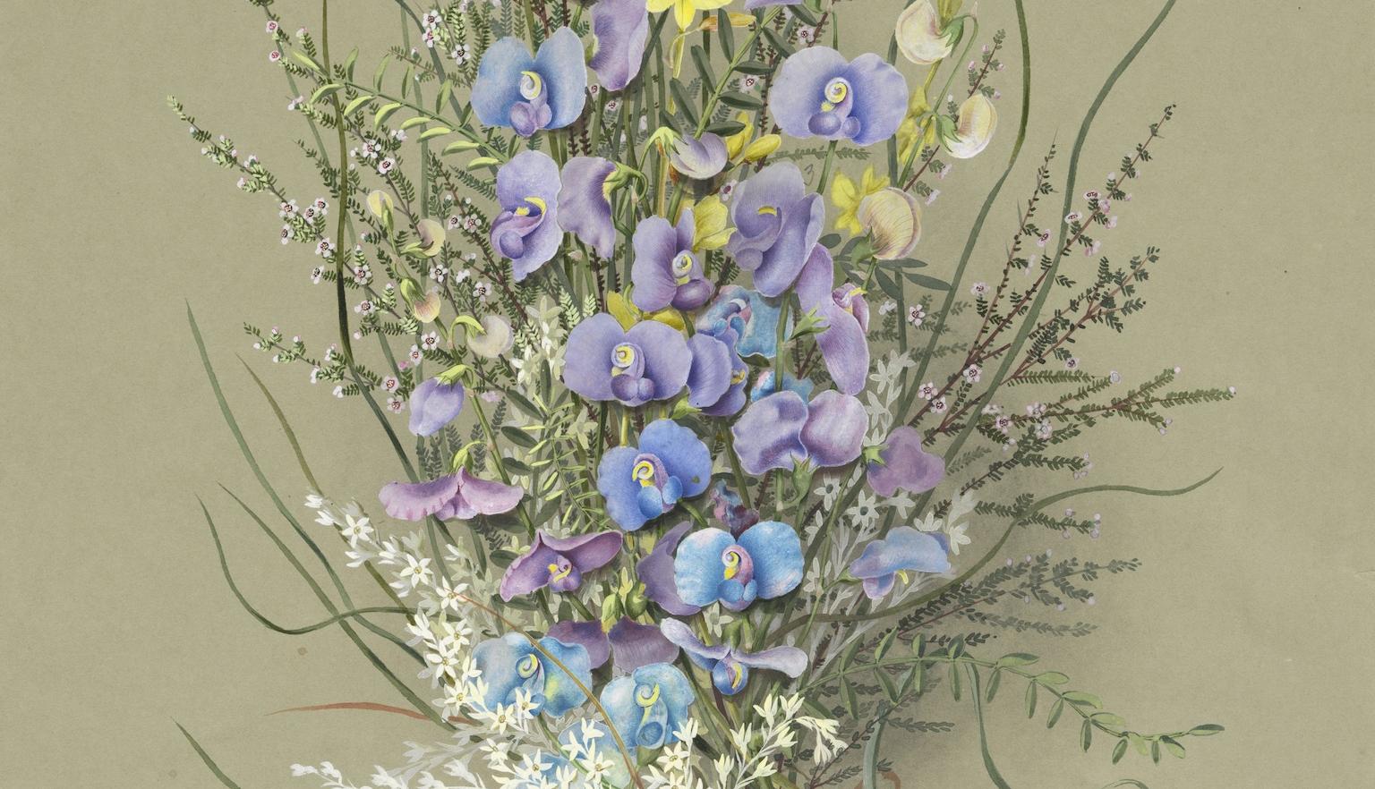 Purple, blue, yellow and white flowers drawn on a brown background