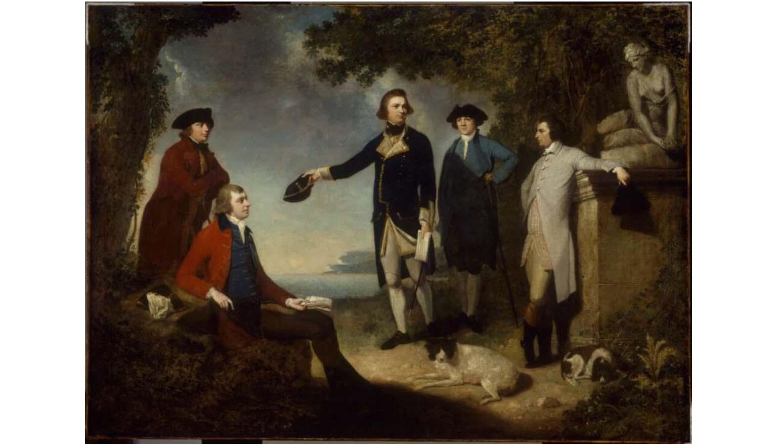 Painting of five men, thought to be Dr Daniel Solander, Sir Joseph Banks, Captain James Cook, Dr John Hawkesworth, Lord Sandwich.