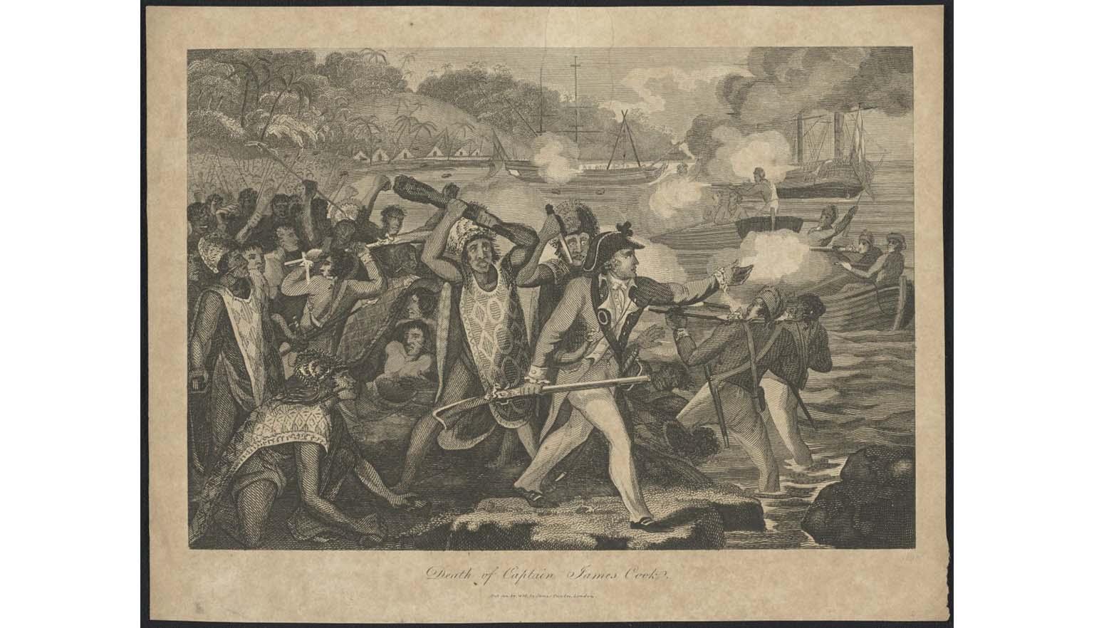 A lithograph print showing conflict between two sides. The conflict is near a beach there are boats on fire in the bay
