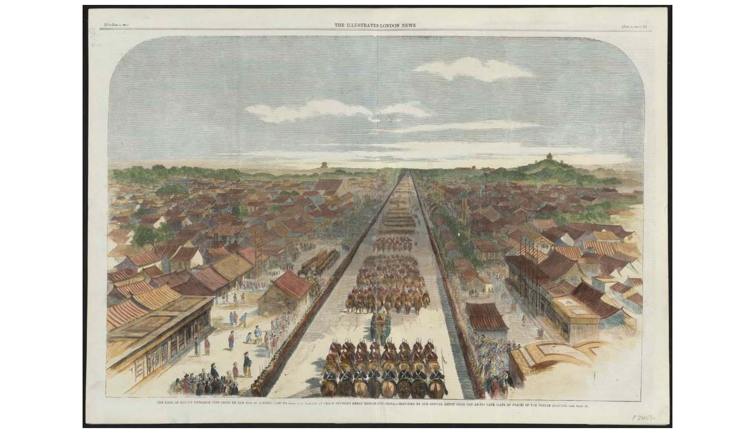 A colour lithograph showing chinese houses on either side of a long, wide boulevard with block rows of soldiers on horseback as far as the eye can see.