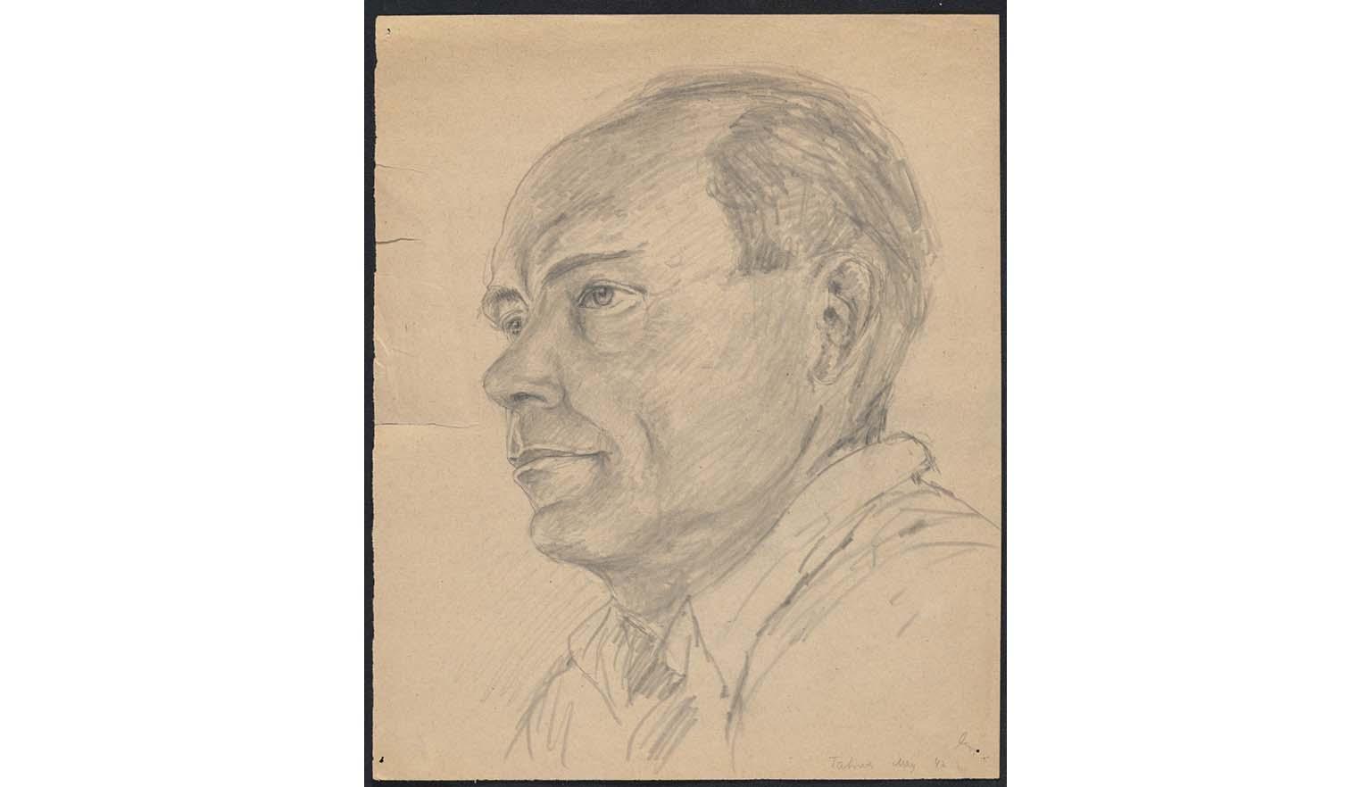 A charcoal on paper sketch of a late middle-aged man. He has a receding hairline and short hair around his temples. He is wearing a white collared shirt with the collar unbuttoned. He is in profile and staring off to the left of the page.