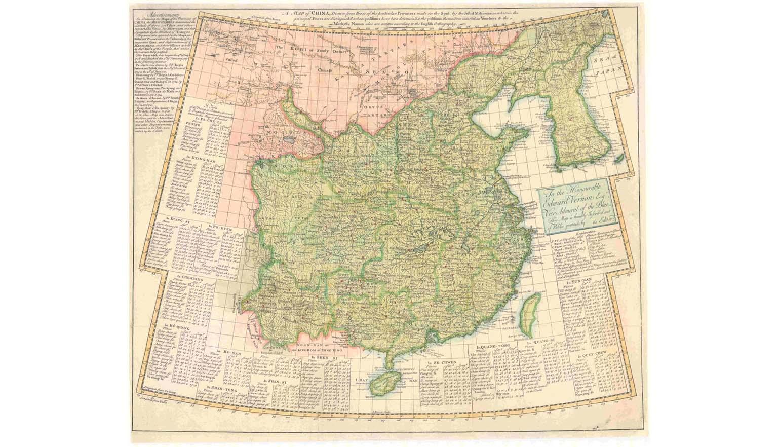 A comprehensive and detailed map of China based on D'Anville's 1735 map, with extensive charts divided into provinces and giving the longtitude and latitude of all the main towns and cities