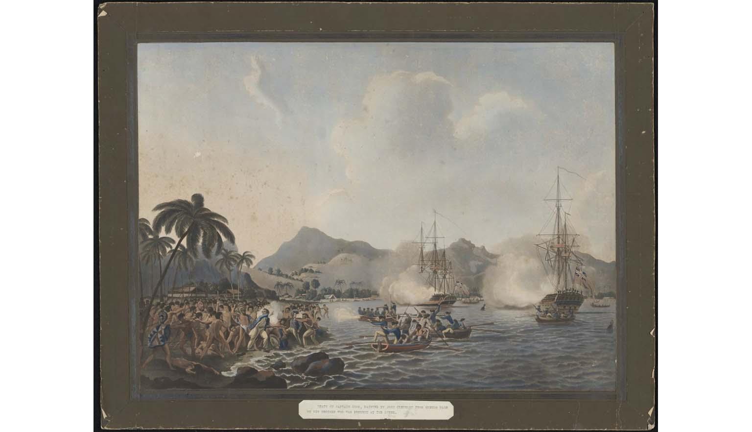 A painting showing conflict between two sides. The conflict is near a beach there are boats on fire in the bay