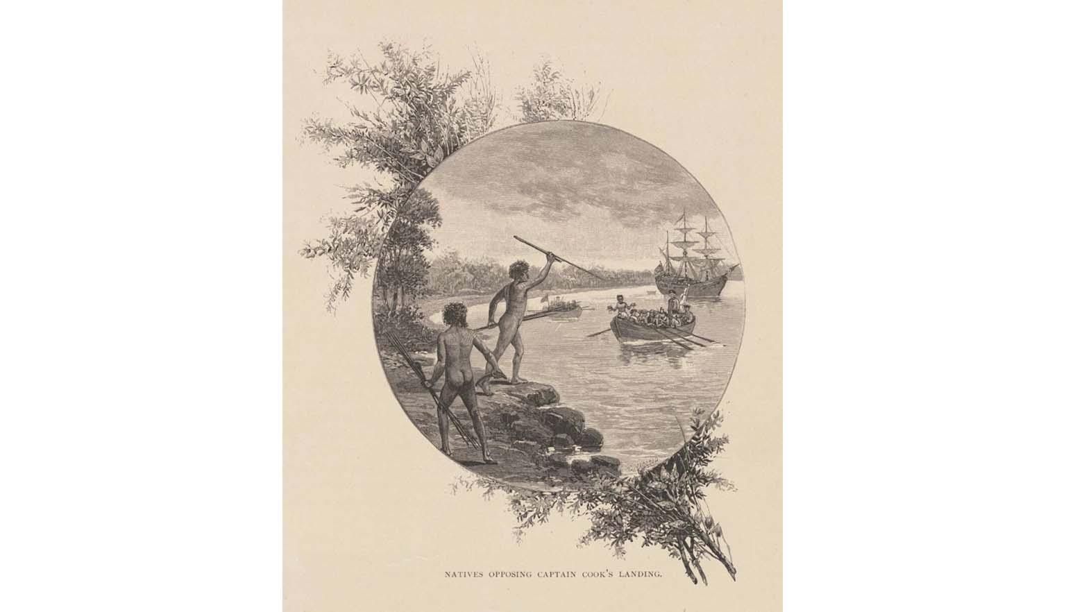 lithograph of two indigenous men on the rocky sure gesturing with spears at group of men in a row boat