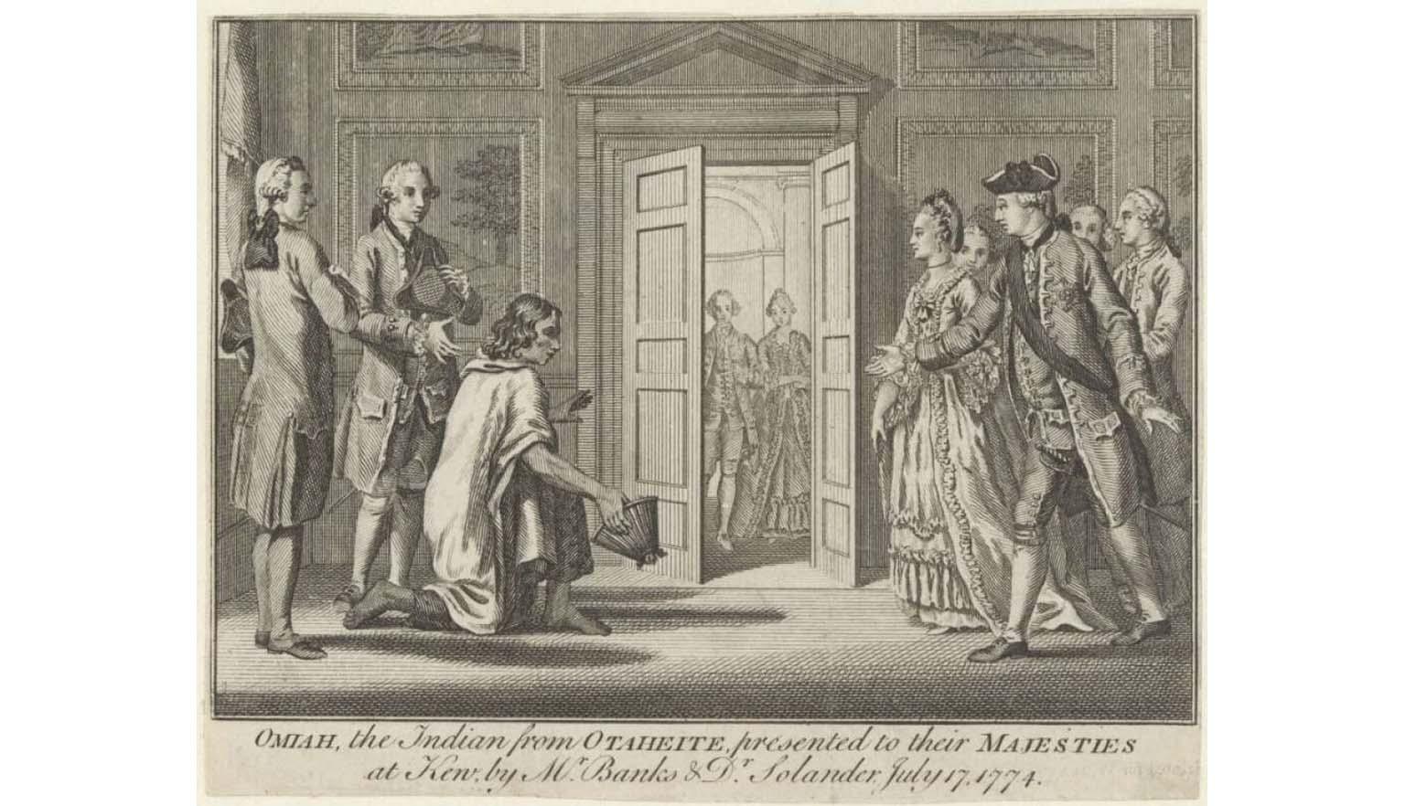 Omiah the Indian from Otaheite presented to their Majesties at Kew