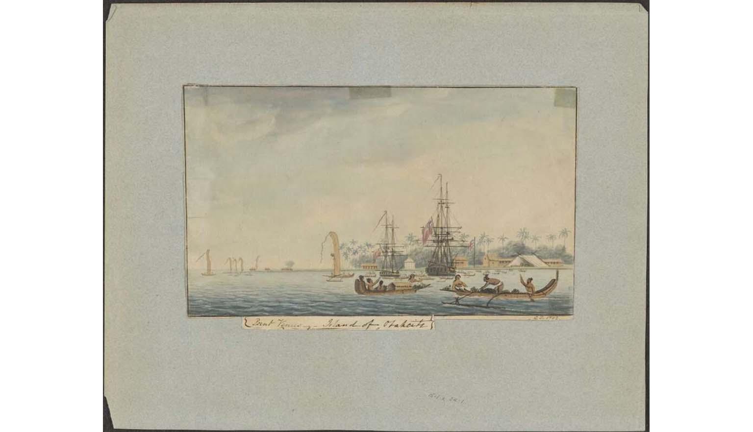 painting of two ships in the background with two canoes in the foreground