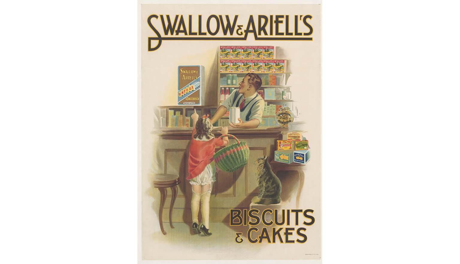 A back view of a little girl in a shop peeping over the counter and pointing to a packet of Swallow & Ariell's Uneeda Biscuit. The oversized basket looped over her right arm has caught the right side of her red dress partially exposing her underpants and suspendered stockings. The man leaning on a counter is looking toward the direction of the packet. Behind him on a shelf are eleven packets of various Swallow & Ariell's products. To the girl's right sits a large cat.