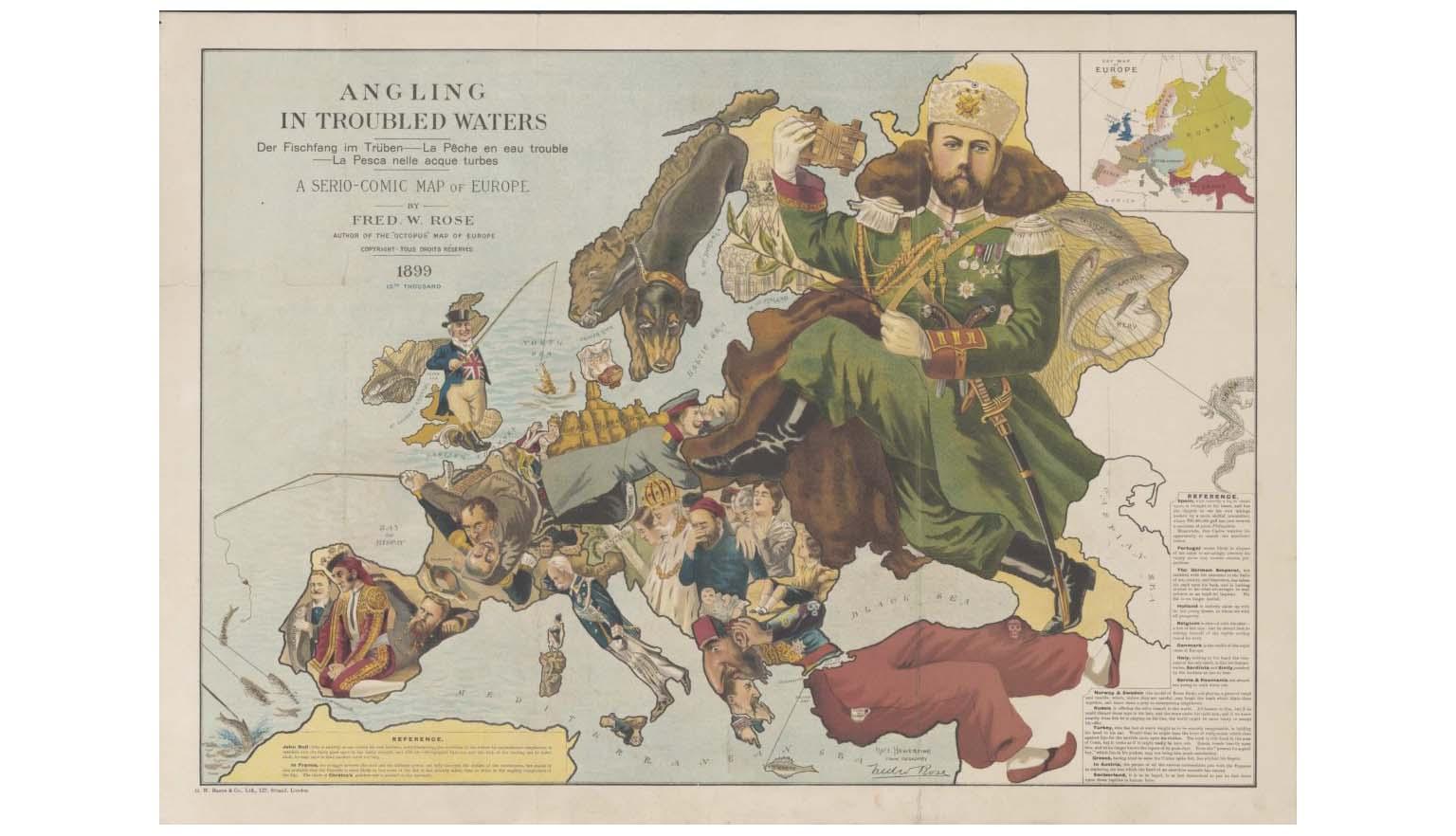 A caricature map of Europe with each country depicted as an angler having various levels of success in hooking colonies.