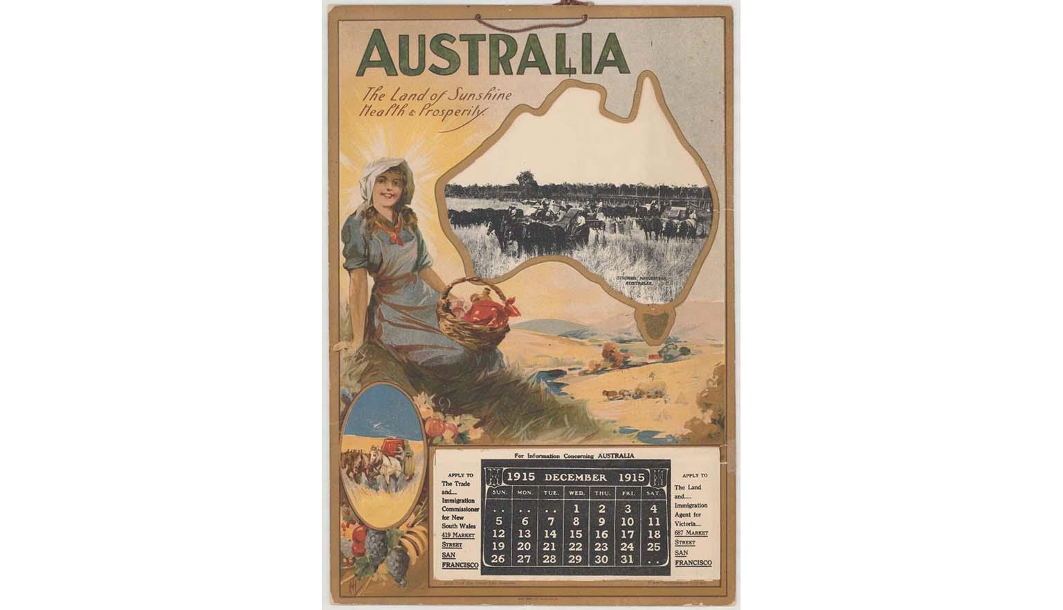 <body> Painting of a young woman in a blue dress and white bonnet smiling, sitting on a grassy hill, next an outline of Australia with a photo of a farm inside. Above, text reads 'Australia: The land of sunshine, health and prosperity'